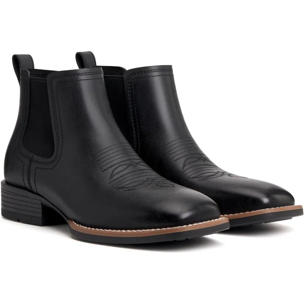 Men's Black Cowboy Boots Square Toe Western Boots Slip On Casual Retro Boots